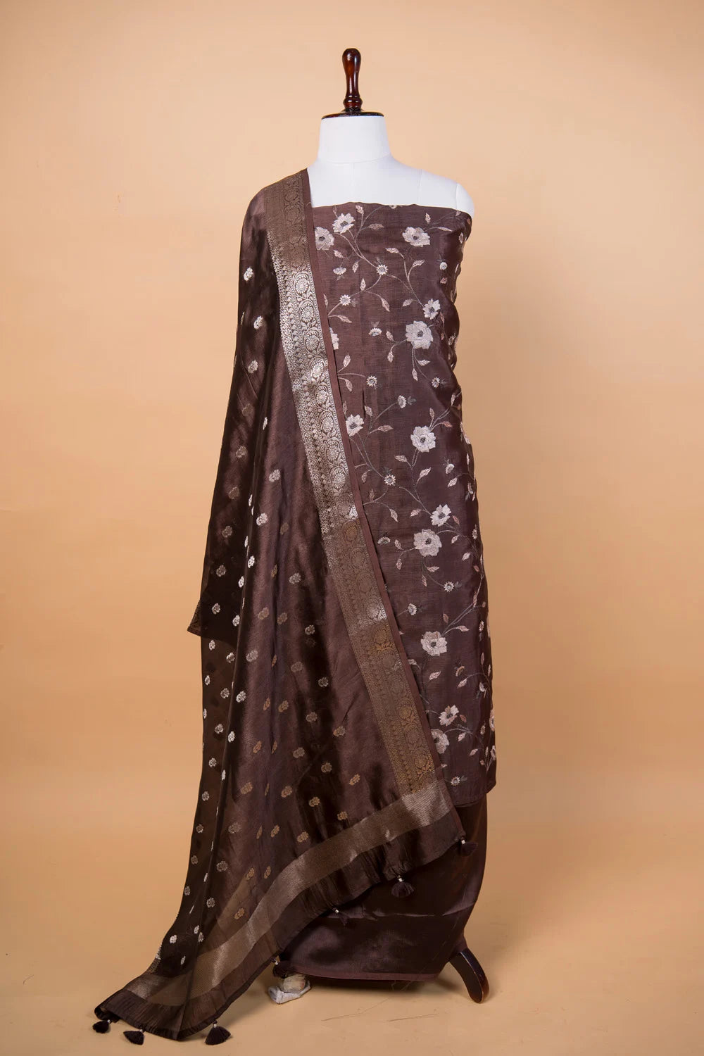 Coffee Brown Embroidered Puna Silk Suit