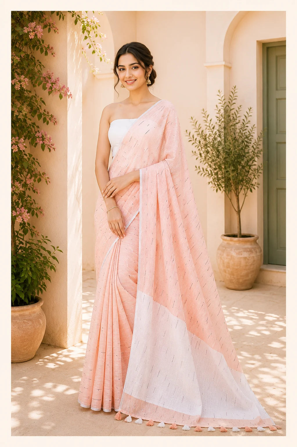 Peach Pure Linen Saree