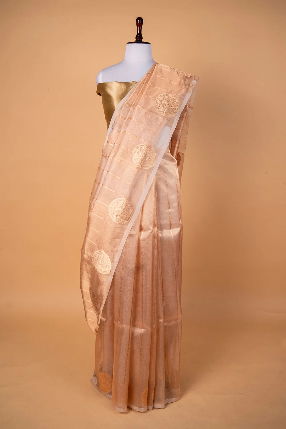 Beige Striped Handloom Tissue Silk Saree