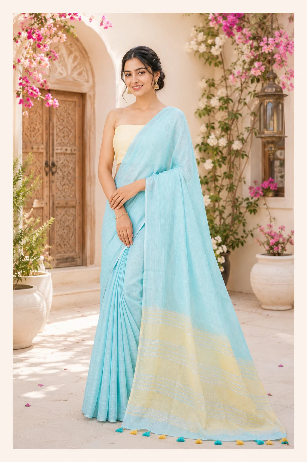Firozi Blue  Pure Linen Saree