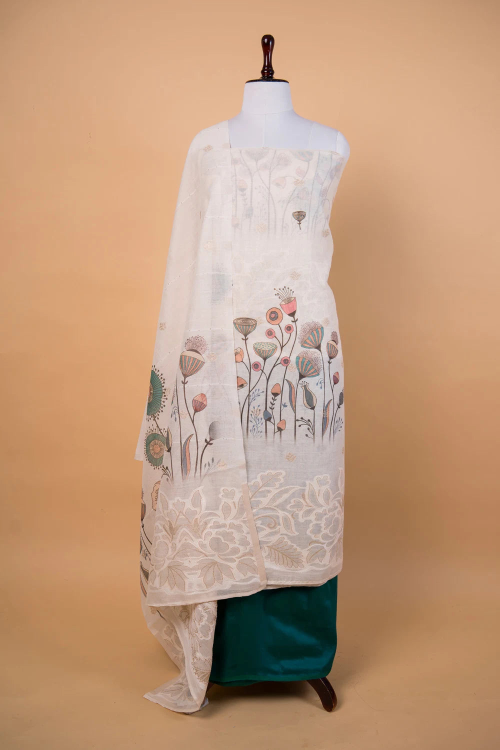 Cream Digital Print Cotton Jamdani Suit