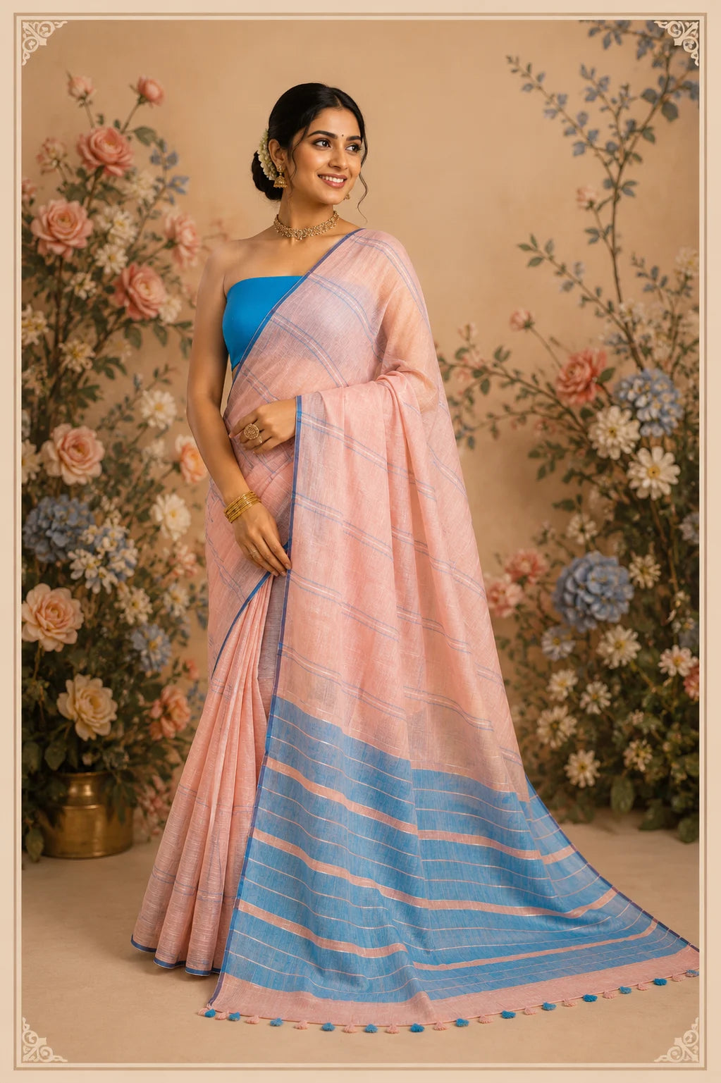 Peach & Blue Stripes Pure Linen Saree