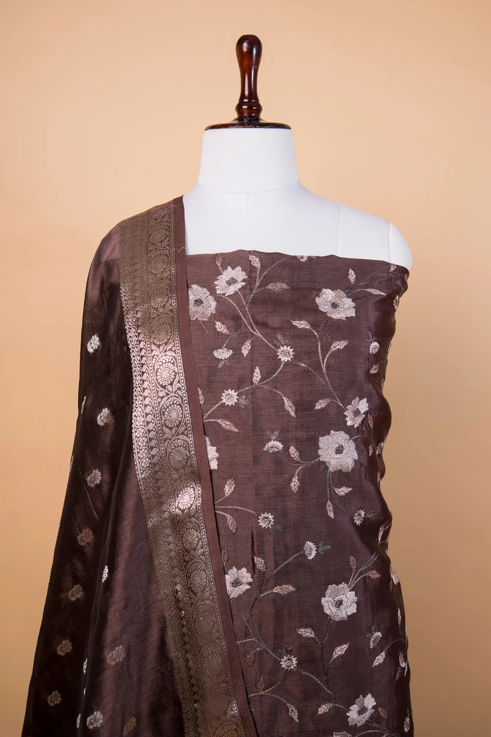 Coffee Brown Embroidered Puna Silk Suit