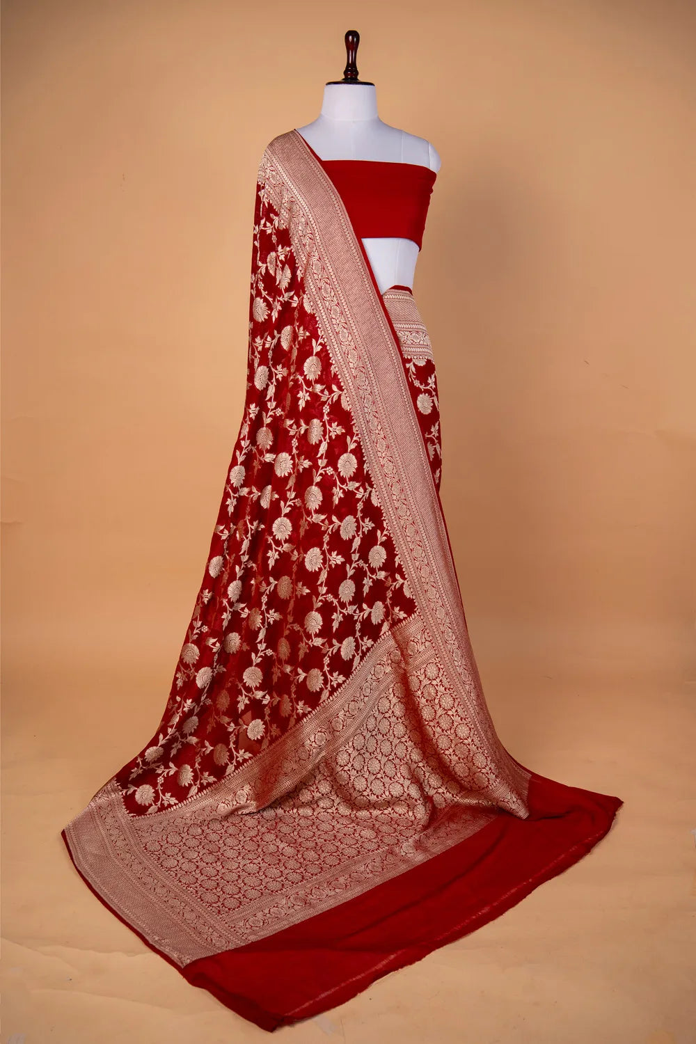 Maroon Red Floral Khaddi Silk Saree