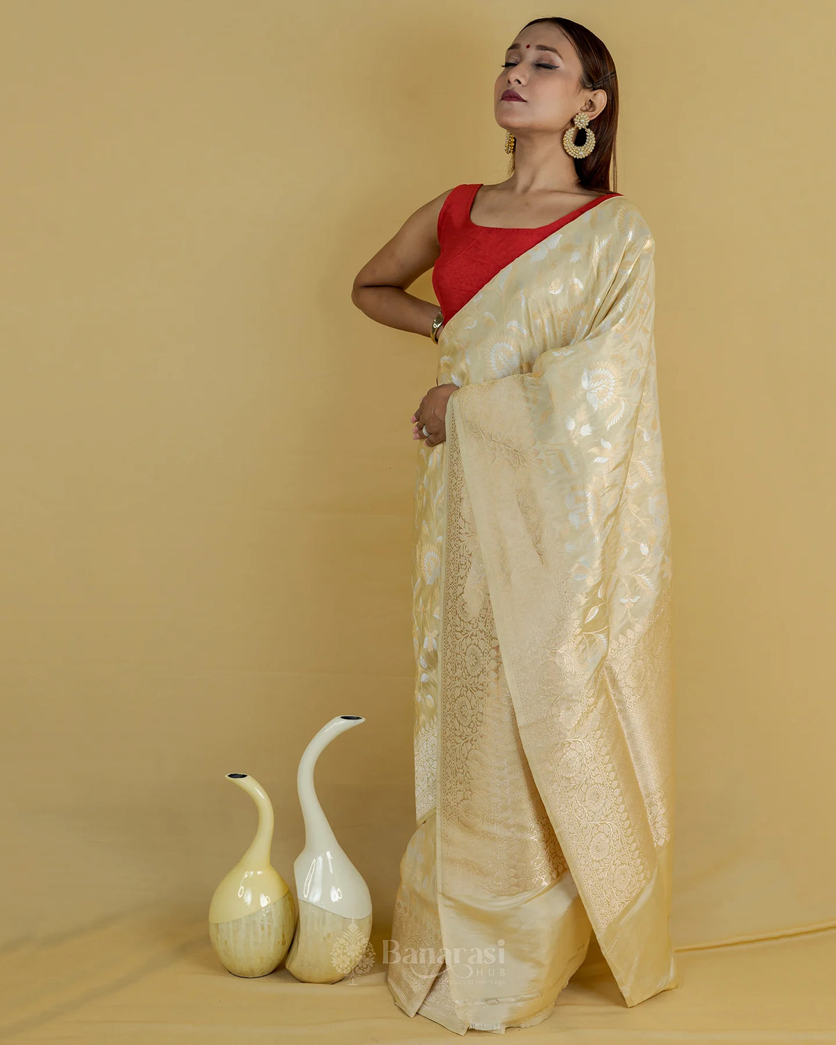 Beige Silver Gold Zari Katan Banarasi Silk Saree