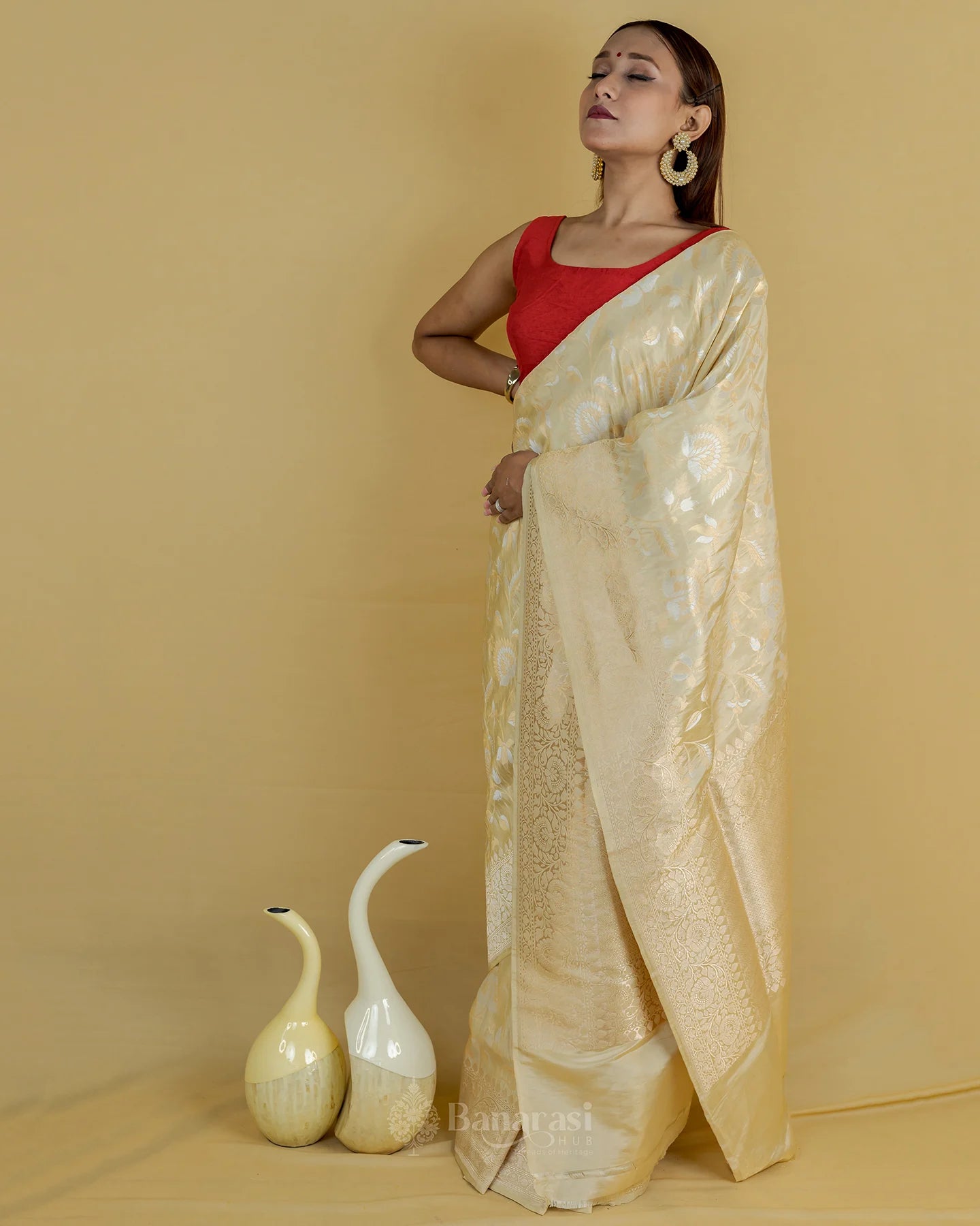 Beige Silver Gold Zari Katan Banarasi Silk Saree
