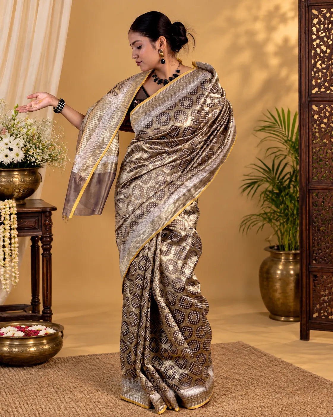 Metallic Grey Woven Tissue Banarasi Silk Saree