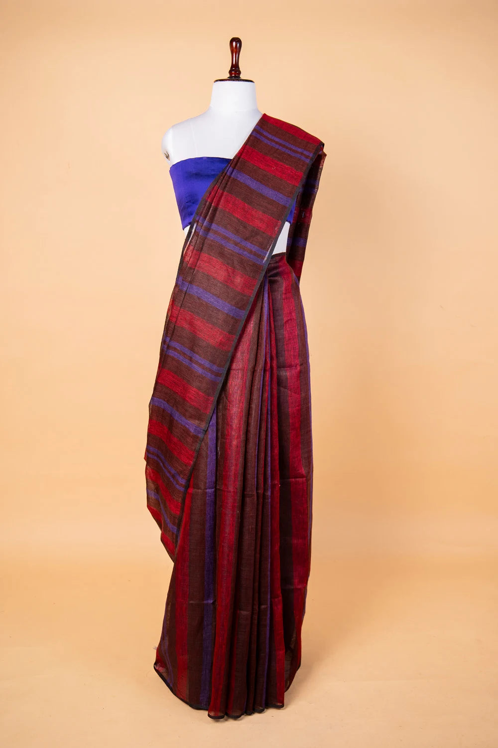 Maroon & Brown Striped Pure Linen Saree