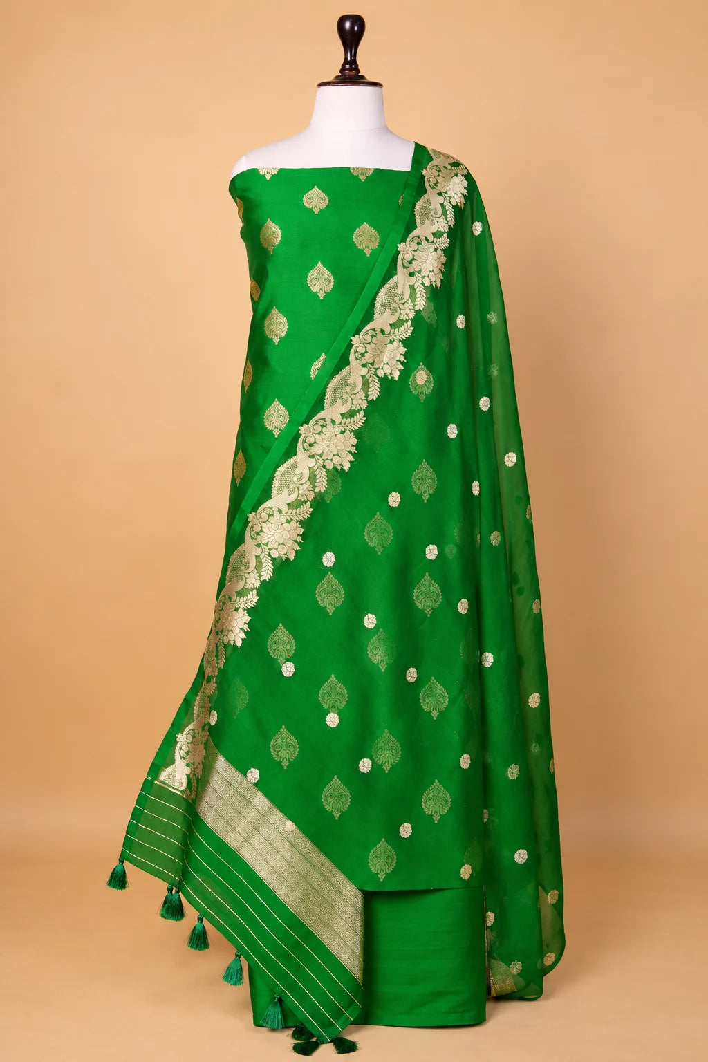 Bottle Green Handwoven Chiniya Silk Suit Set