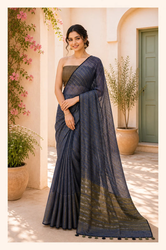 Blue Striped Pure Linen Saree