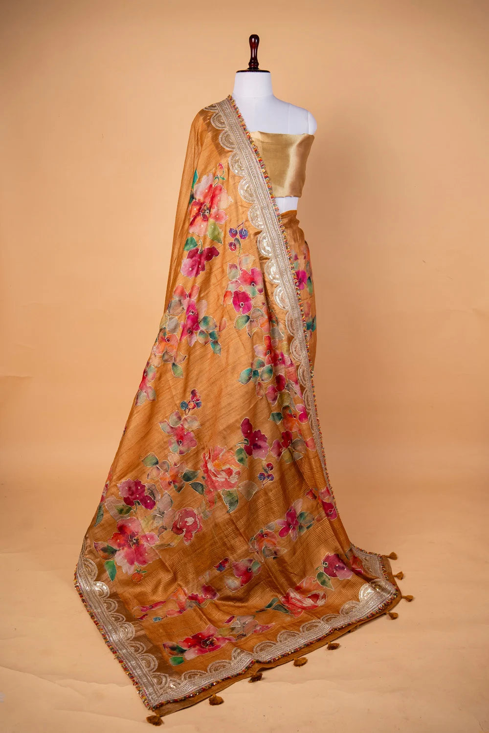 Beige Floral Embellished Tussar Silk Saree