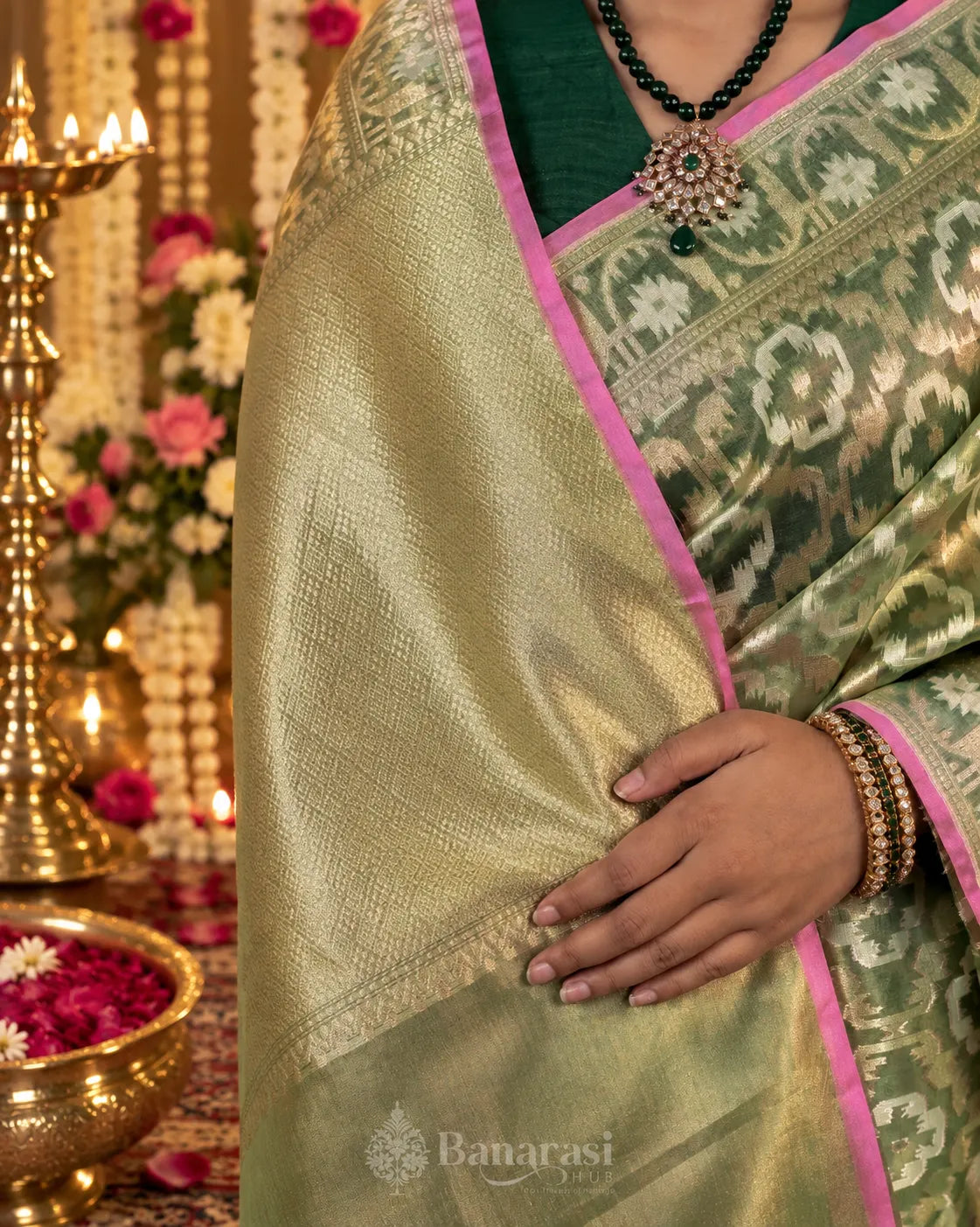 Metallic Liril Green Handwoven Tissue Banarasi Silk Saree