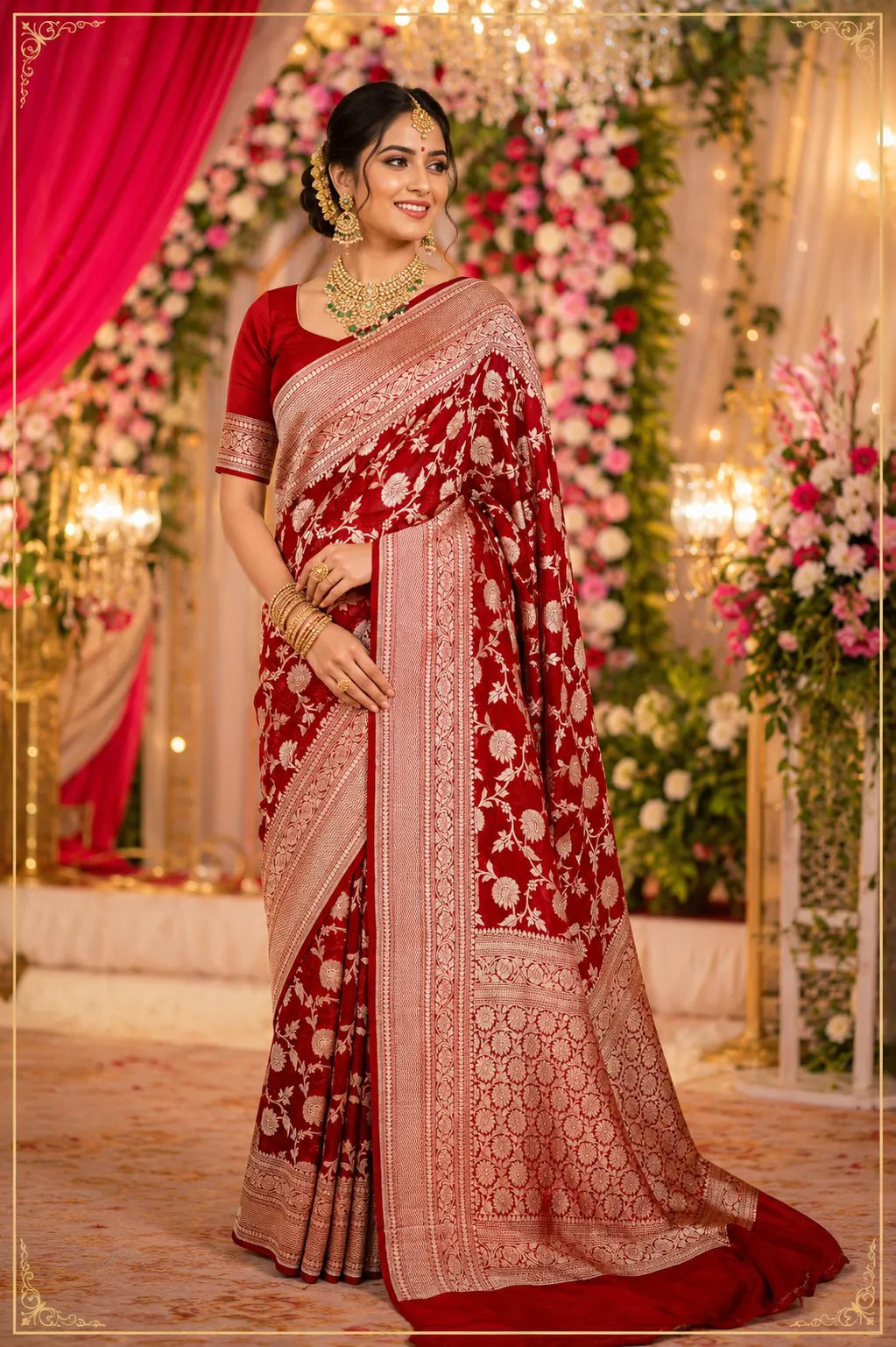 Maroon Red Floral Khaddi Silk Saree