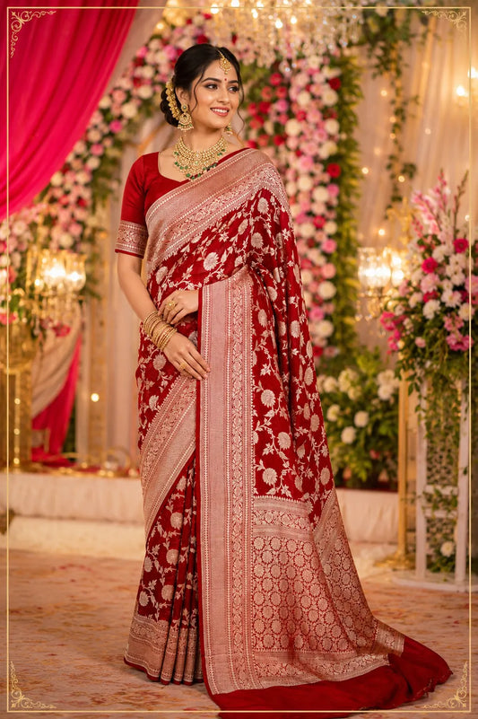Maroon Red Floral Khaddi Silk Saree