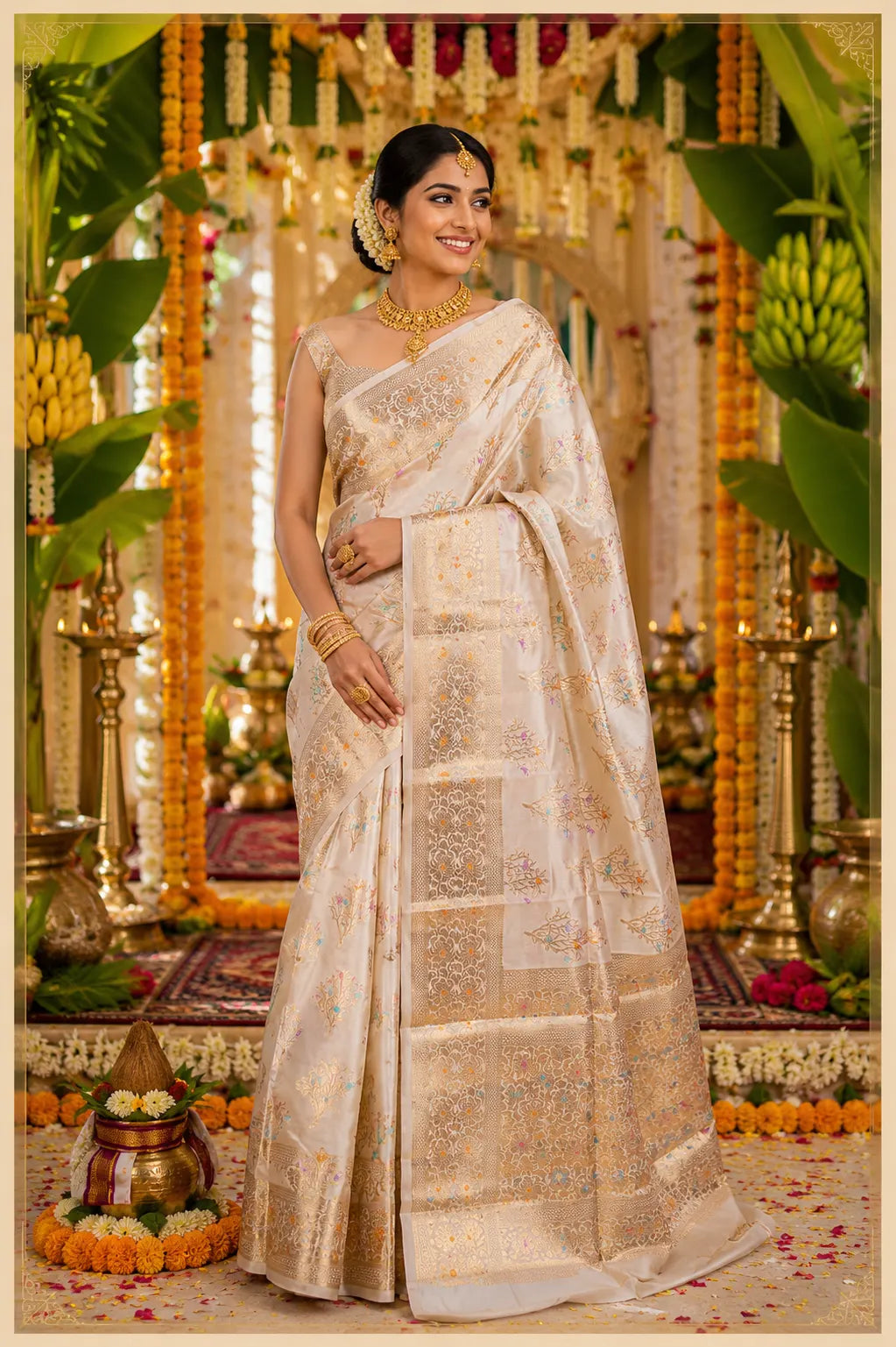 Cream Meenedar Chiniya Silk Saree