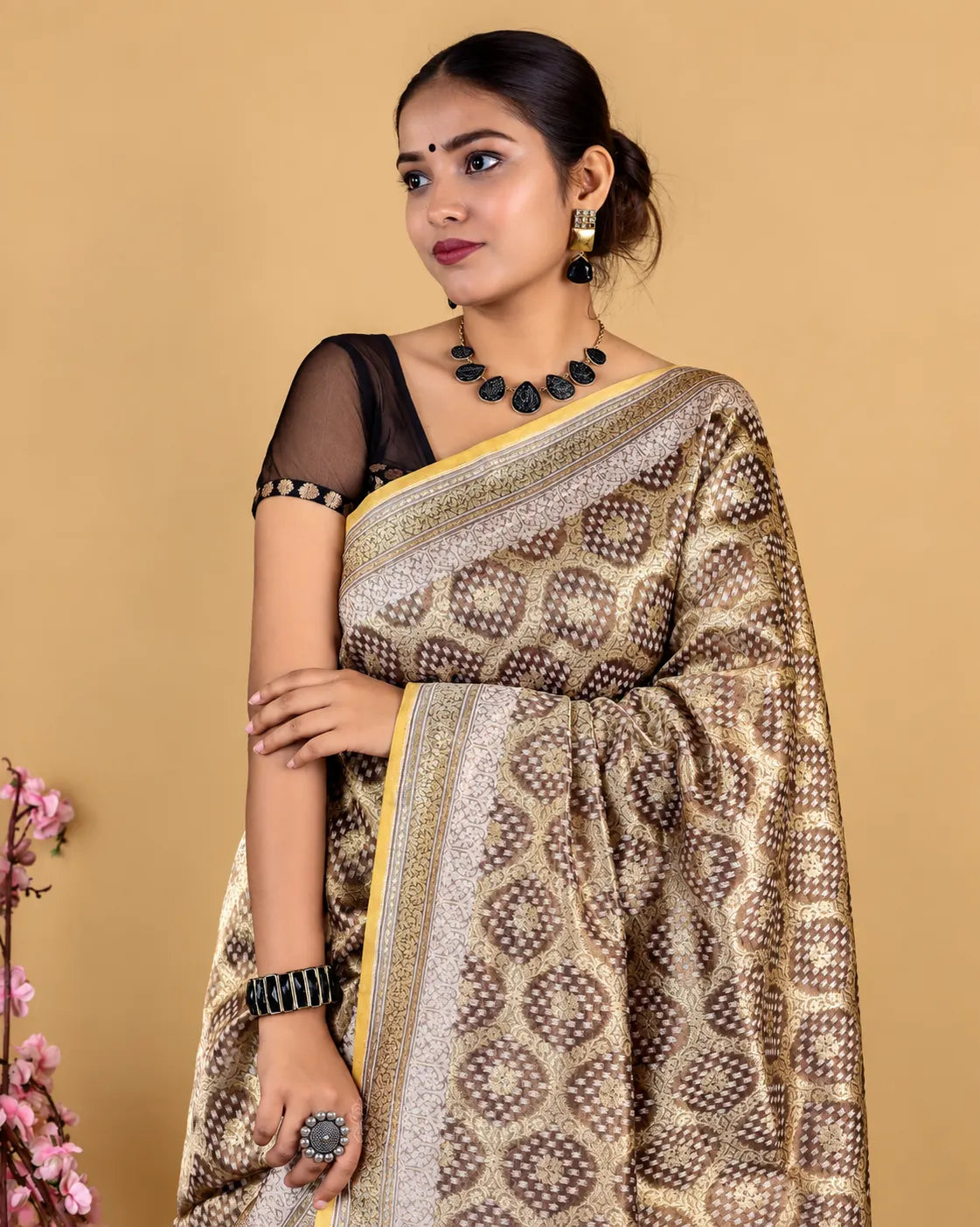 Metallic Grey Woven Tissue Banarasi Silk Saree