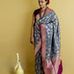 Grey and Rani Woven Katan Banarasi Silk Saree