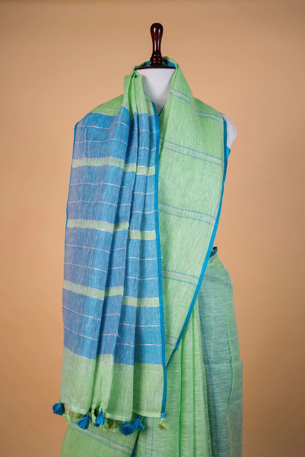 Pista Green & Blue Stripes Pure Linen Saree