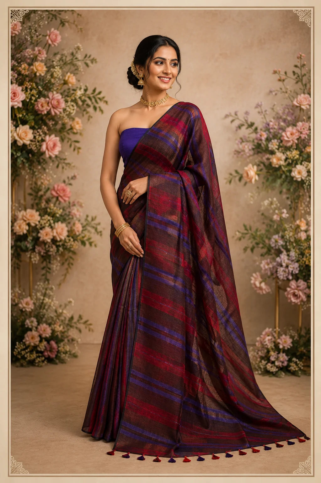 Maroon & Brown Striped Pure Linen Saree