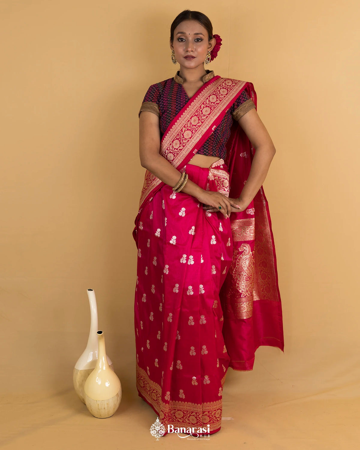 Ruby Pink Handwoven Katan Banarasi Silk Saree