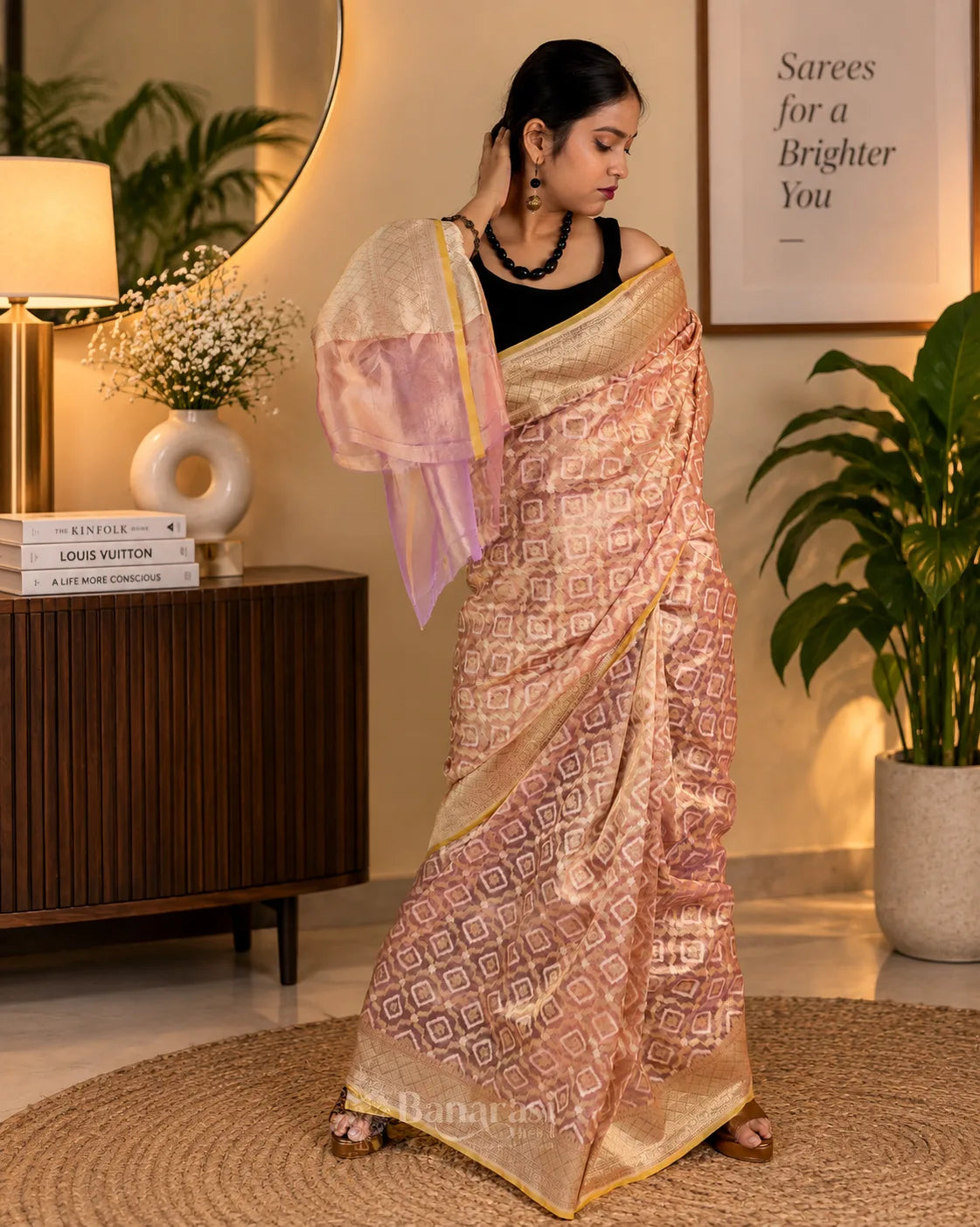 Golden Metallic Pink Tissue Banarasi Silk Saree