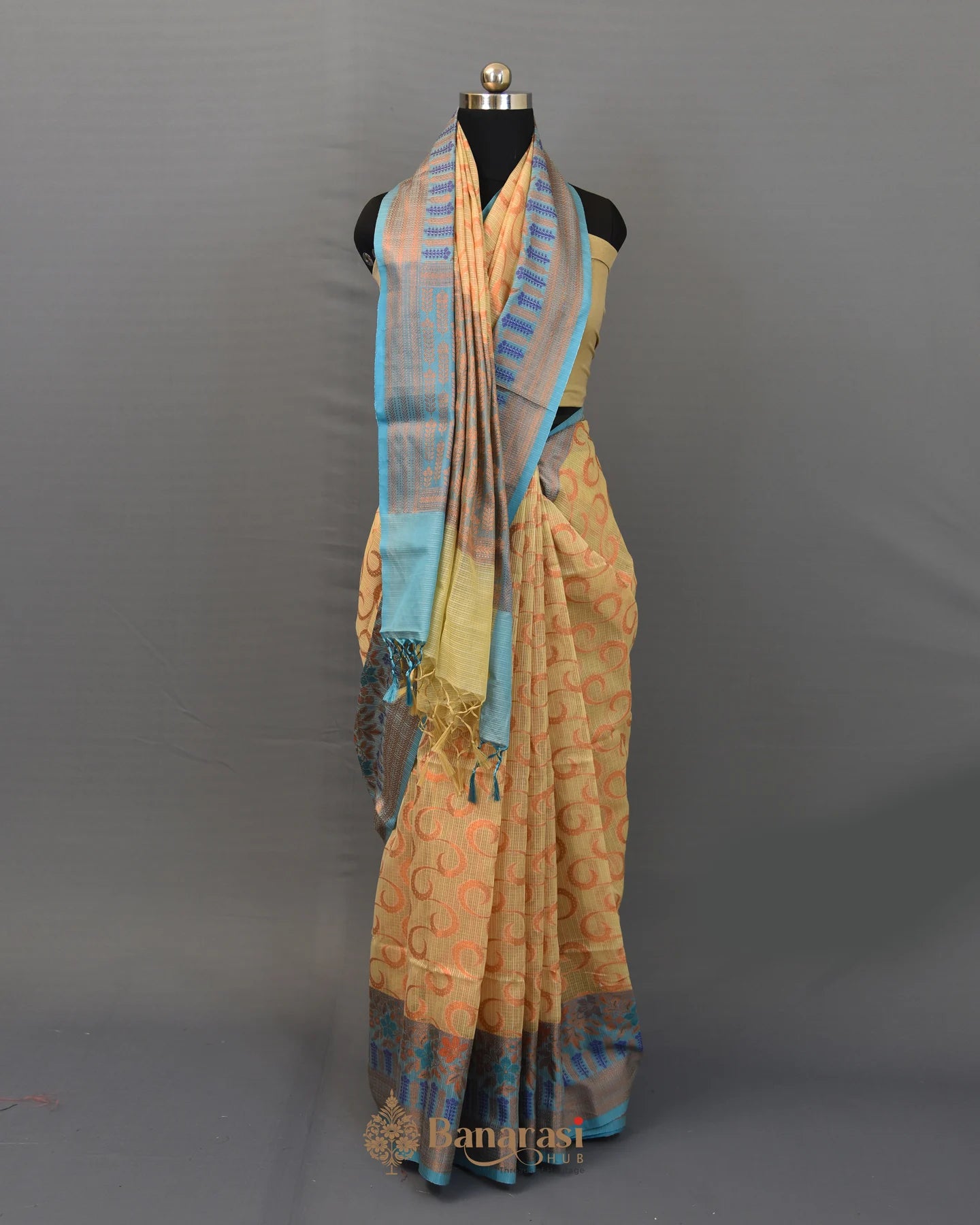 Beige Antique Zari Cotton Banarasi Saree