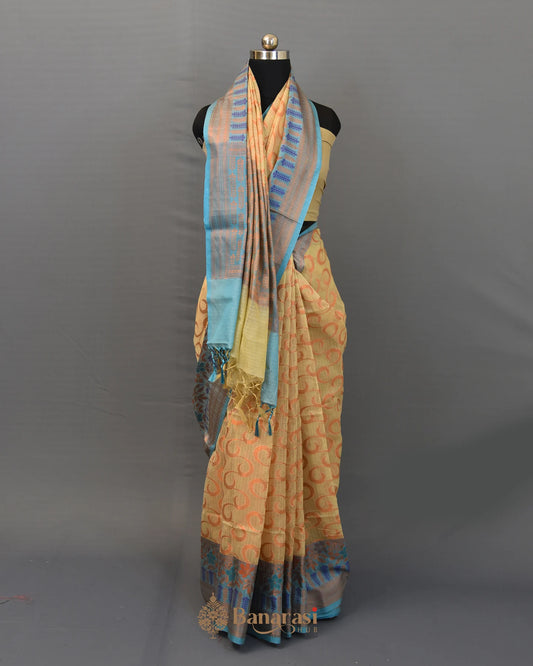 Beige Antique Zari Cotton Banarasi Saree