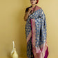 Grey and Rani Woven Katan Banarasi Silk Saree