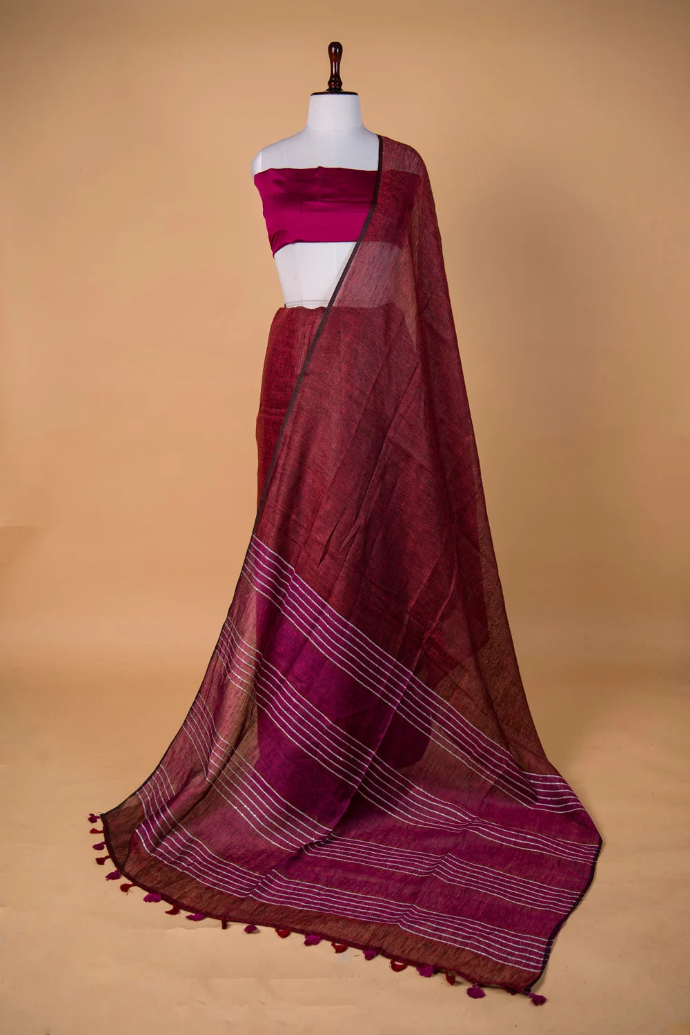 Brick Red Pure Linen Saree