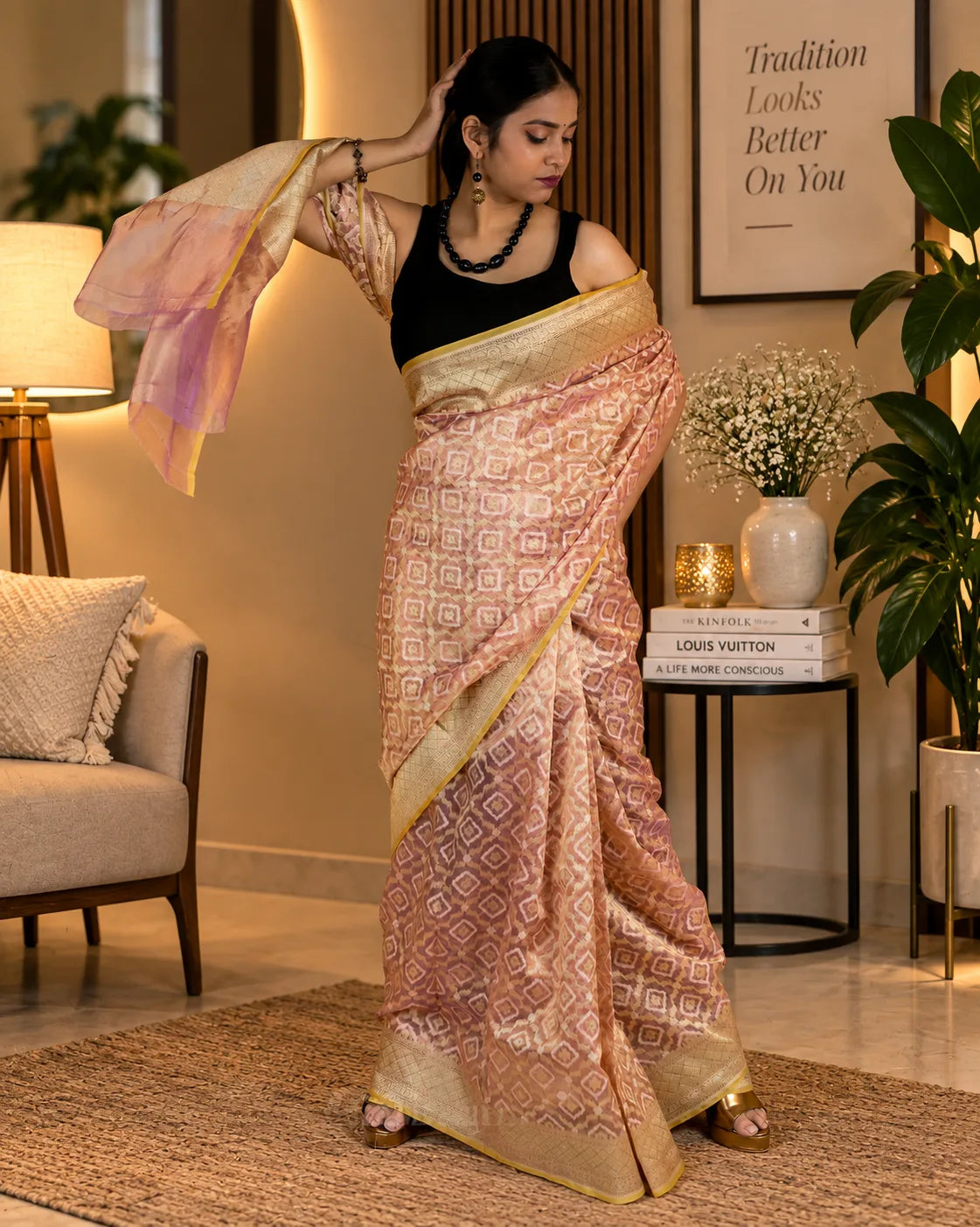 Golden Metallic Pink Tissue Banarasi Silk Saree