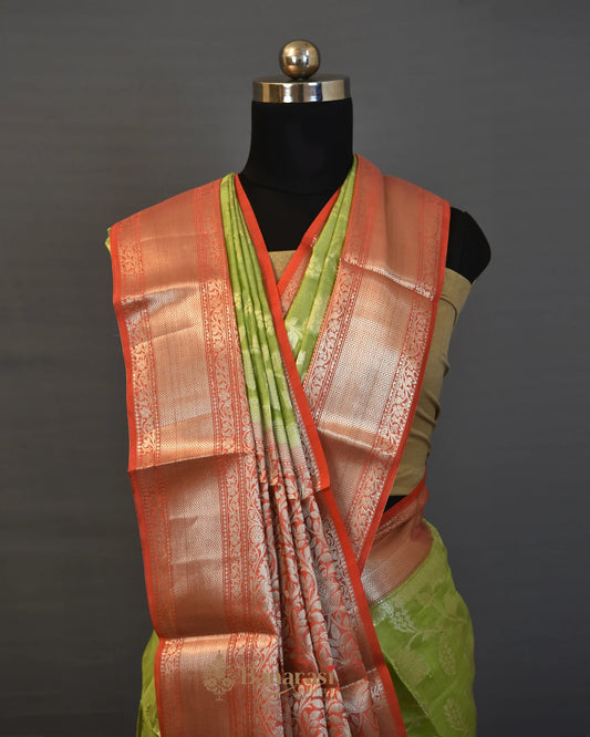 Pista Green Floral Zari Weaving Chanderi Silk Saree