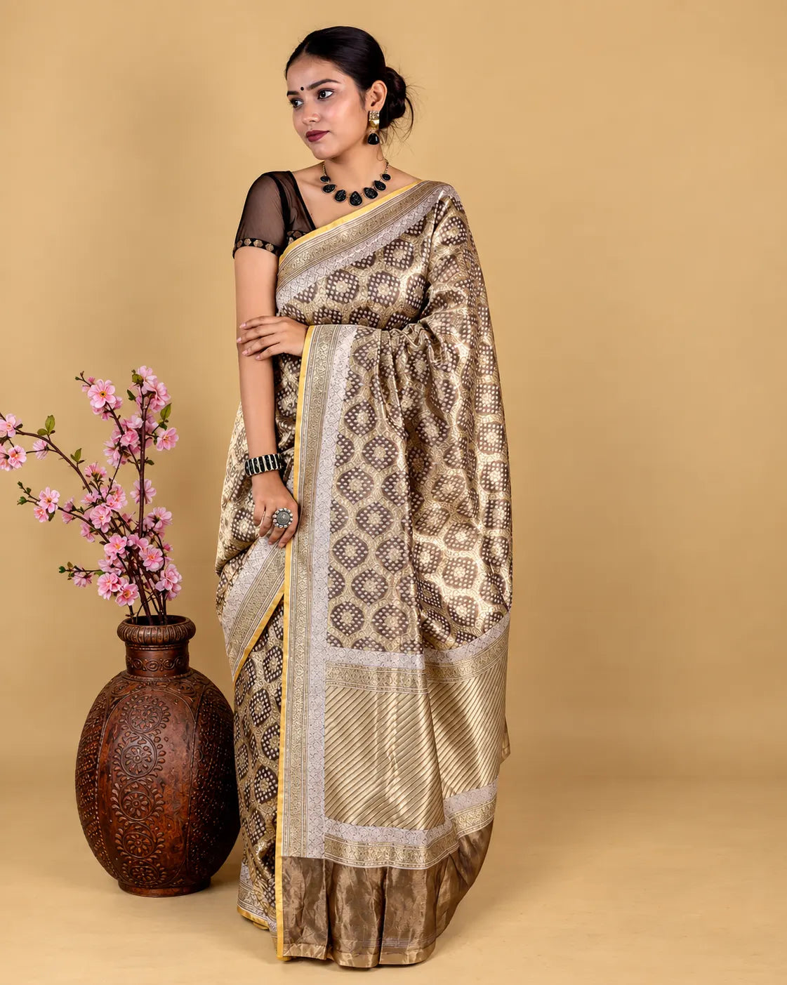 Metallic Grey Woven Tissue Banarasi Silk Saree