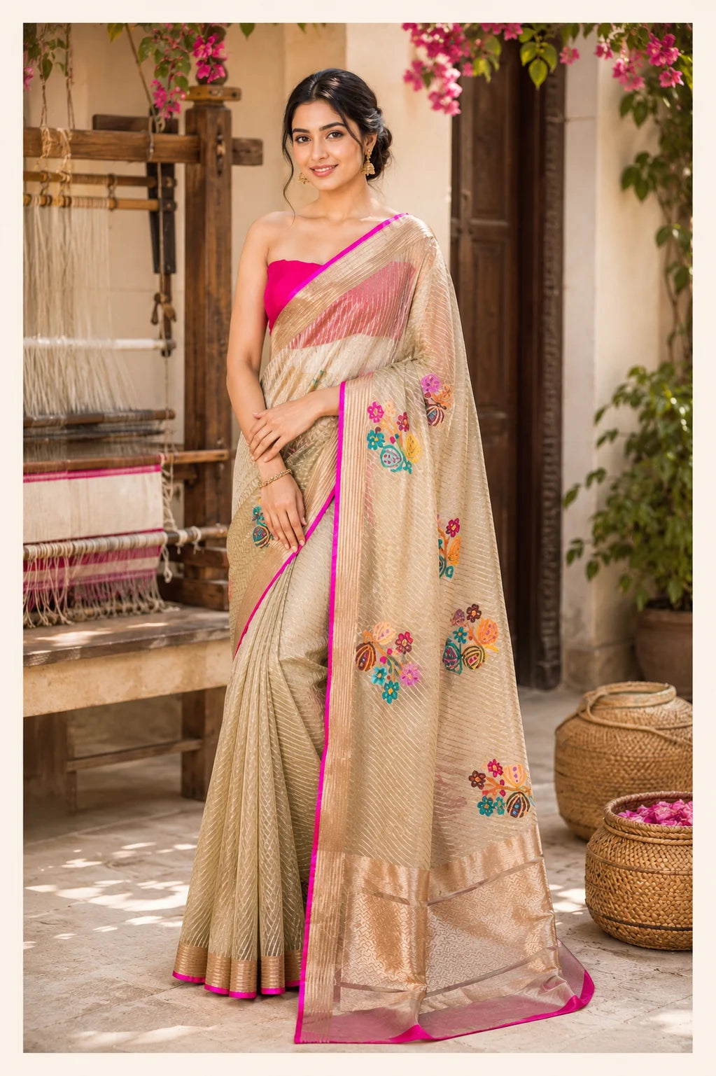 Mehndi Green Handwoven Tissue Net Saree