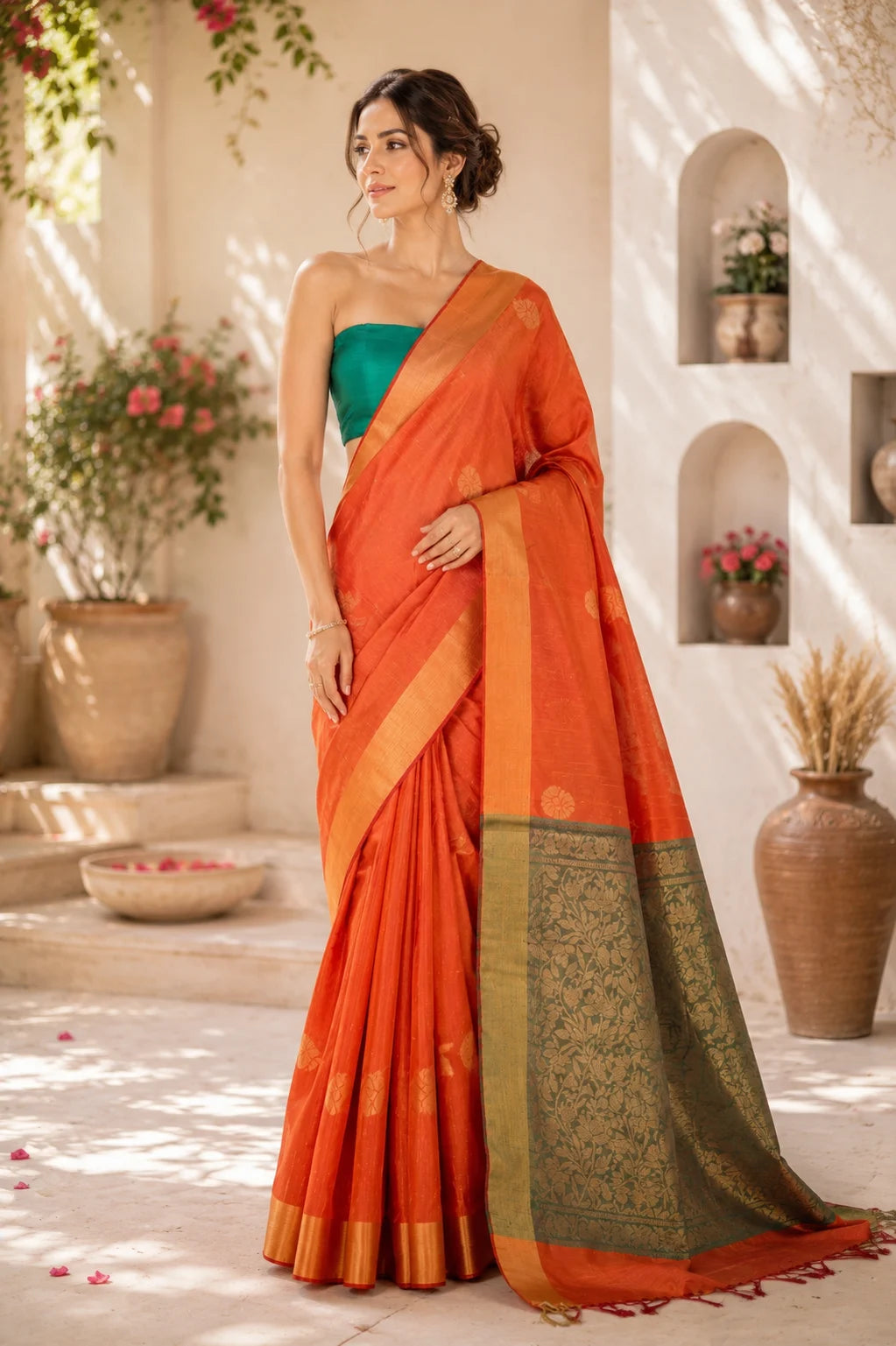 Orange Zari Buta Raw Silk Saree