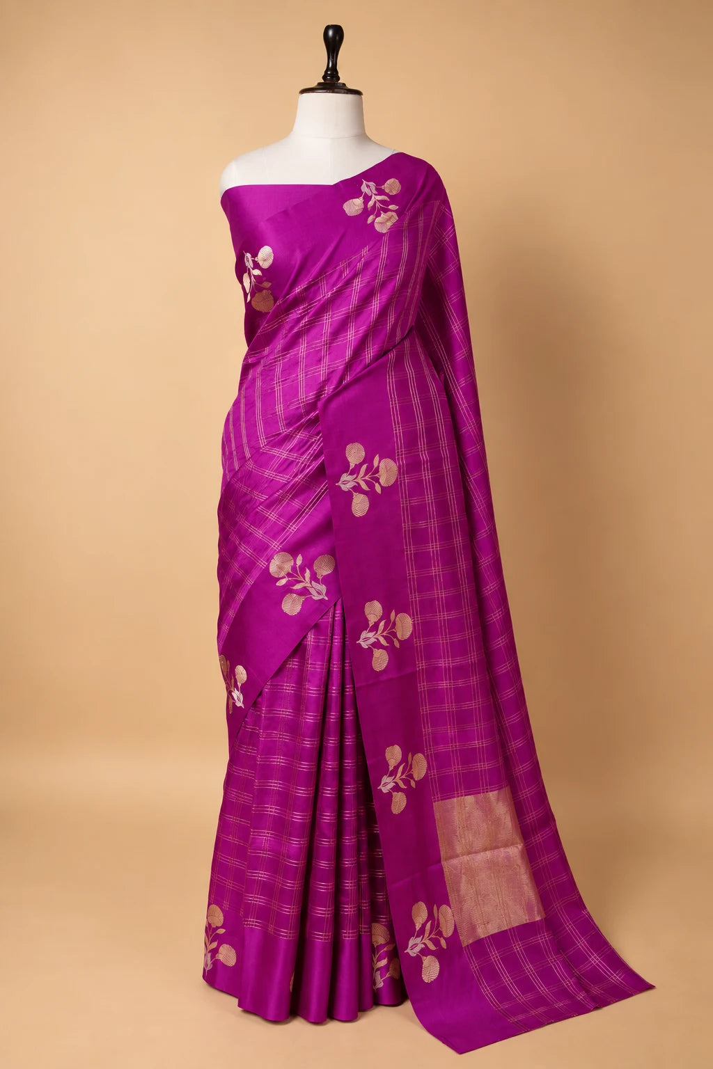 Magenta Zari Checks Woven Puna Silk Saree