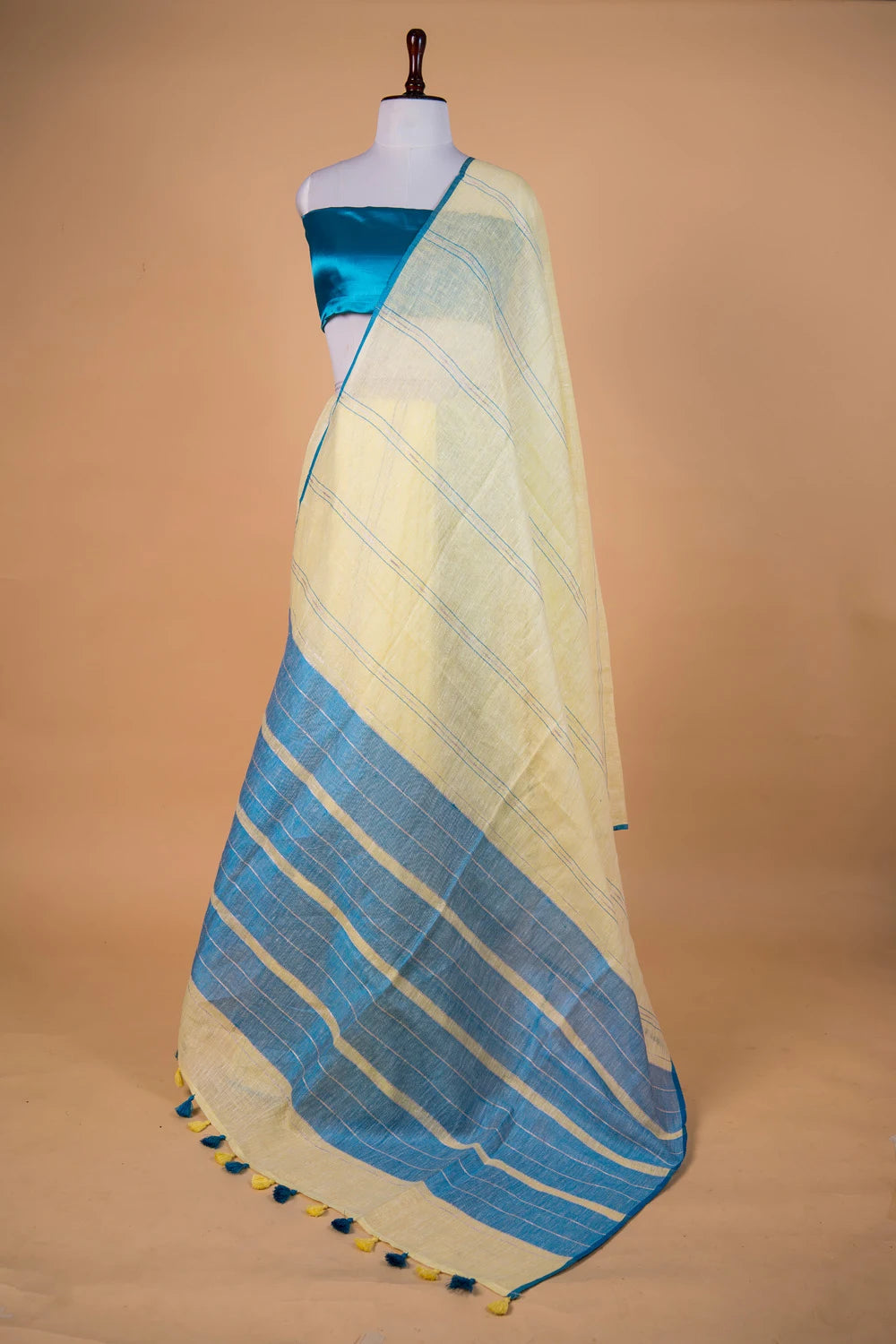 Yellow & Blue Stripes Pure Linen Saree
