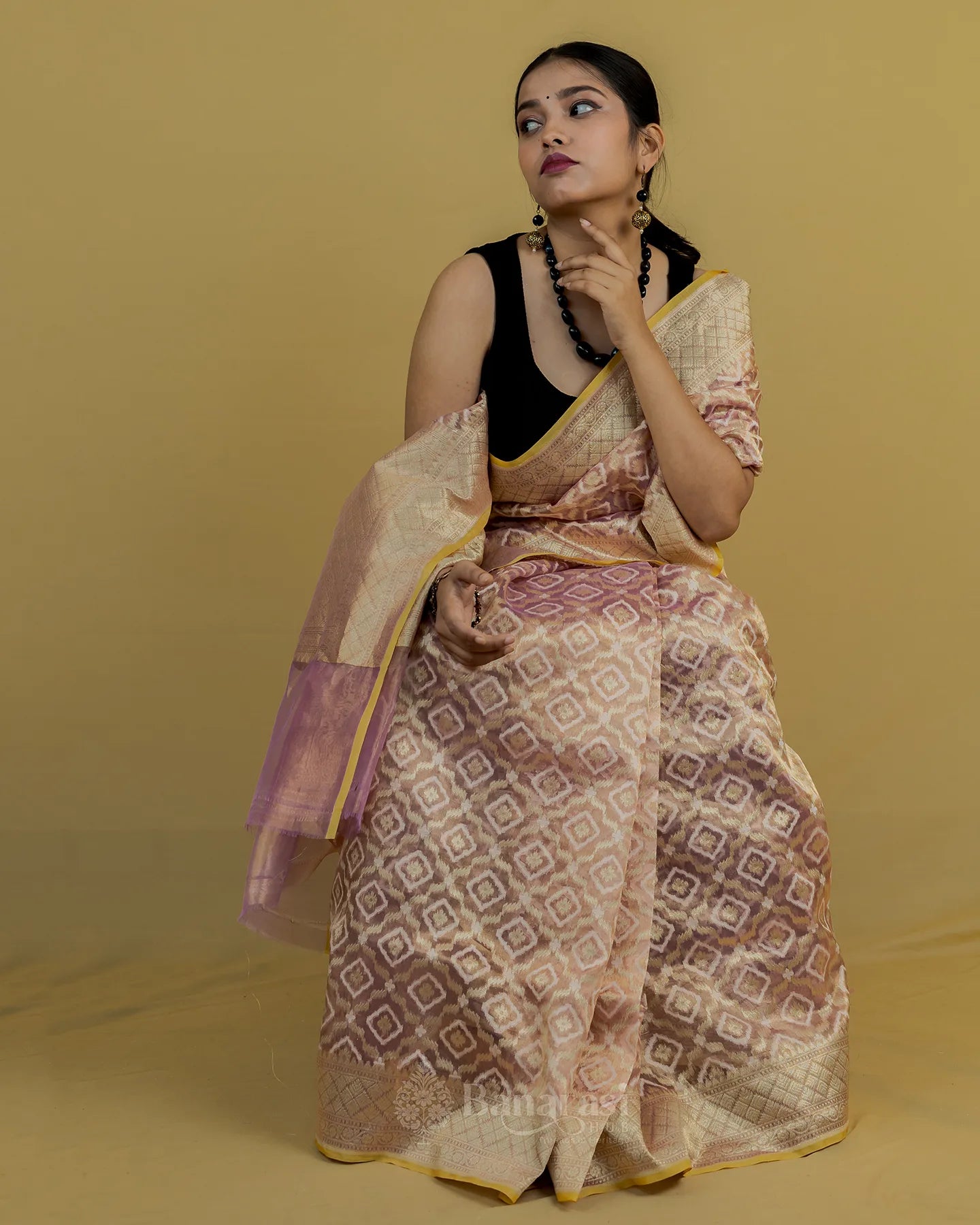 Golden Metallic Pink Tissue Banarasi Silk Saree