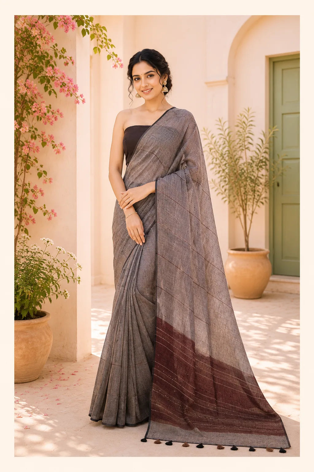 Grey Sequence Pallu Pure Linen Saree