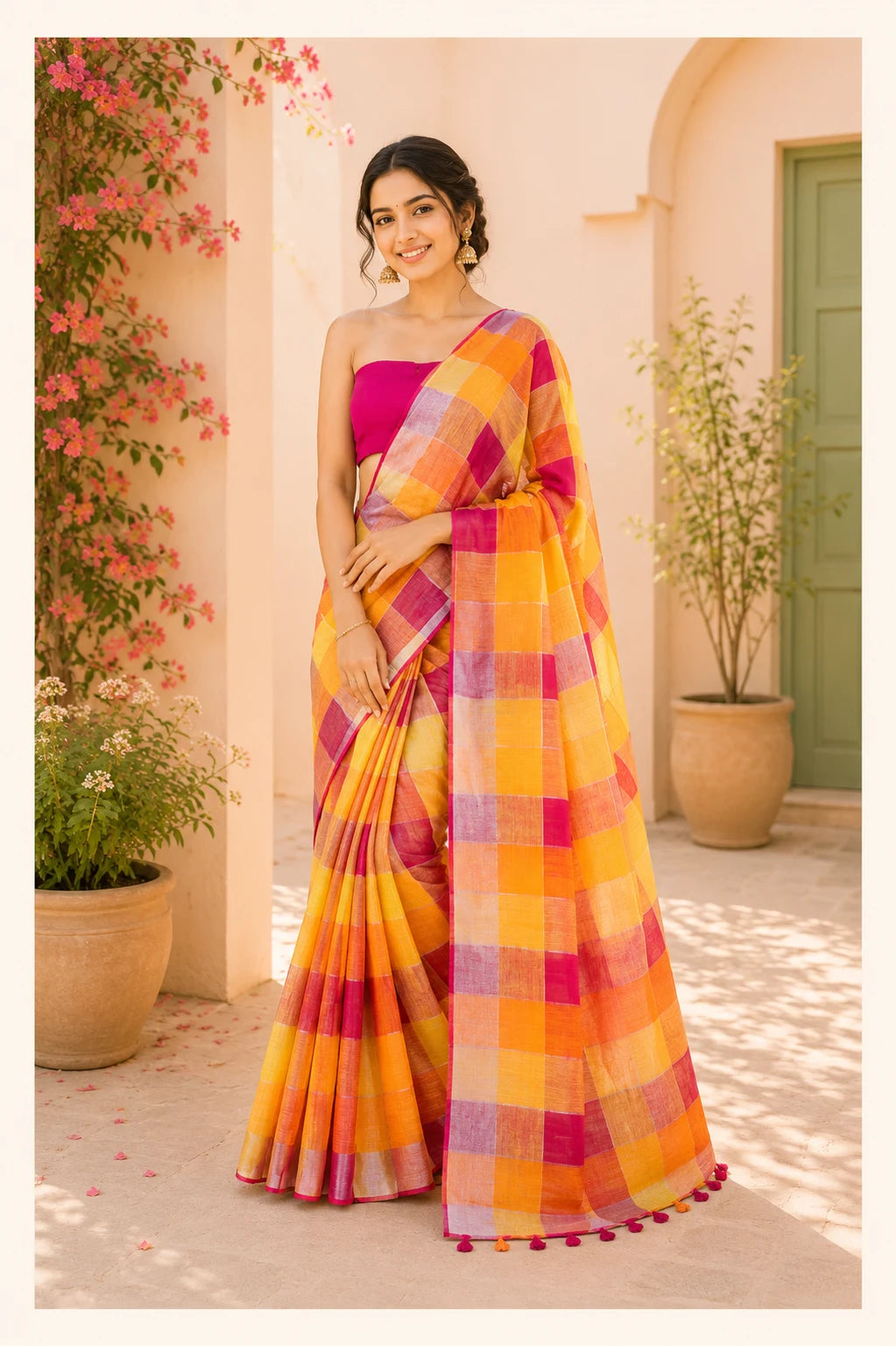 Yellow & Orange Multi Checks Pure Linen Saree