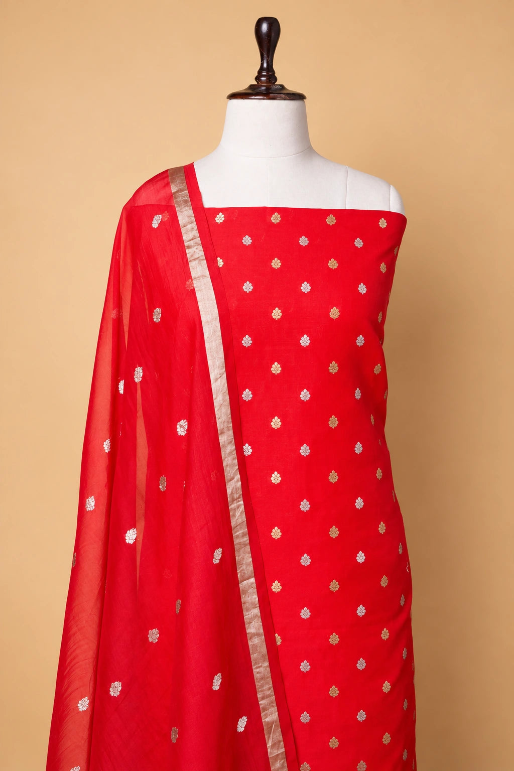 Red handwoven Chiniya Silk Suit Set