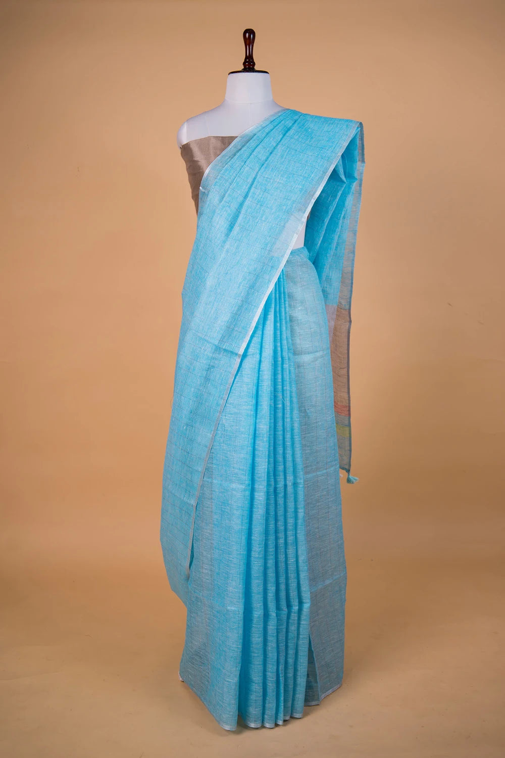 Sky Blue Striped Pure Linen Saree