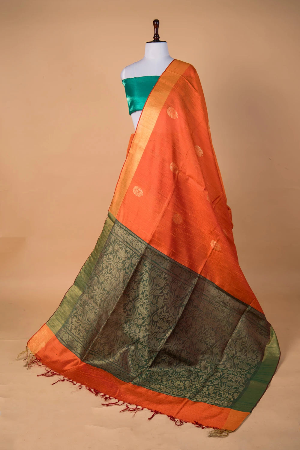 Orange Zari Buta Raw Silk Saree