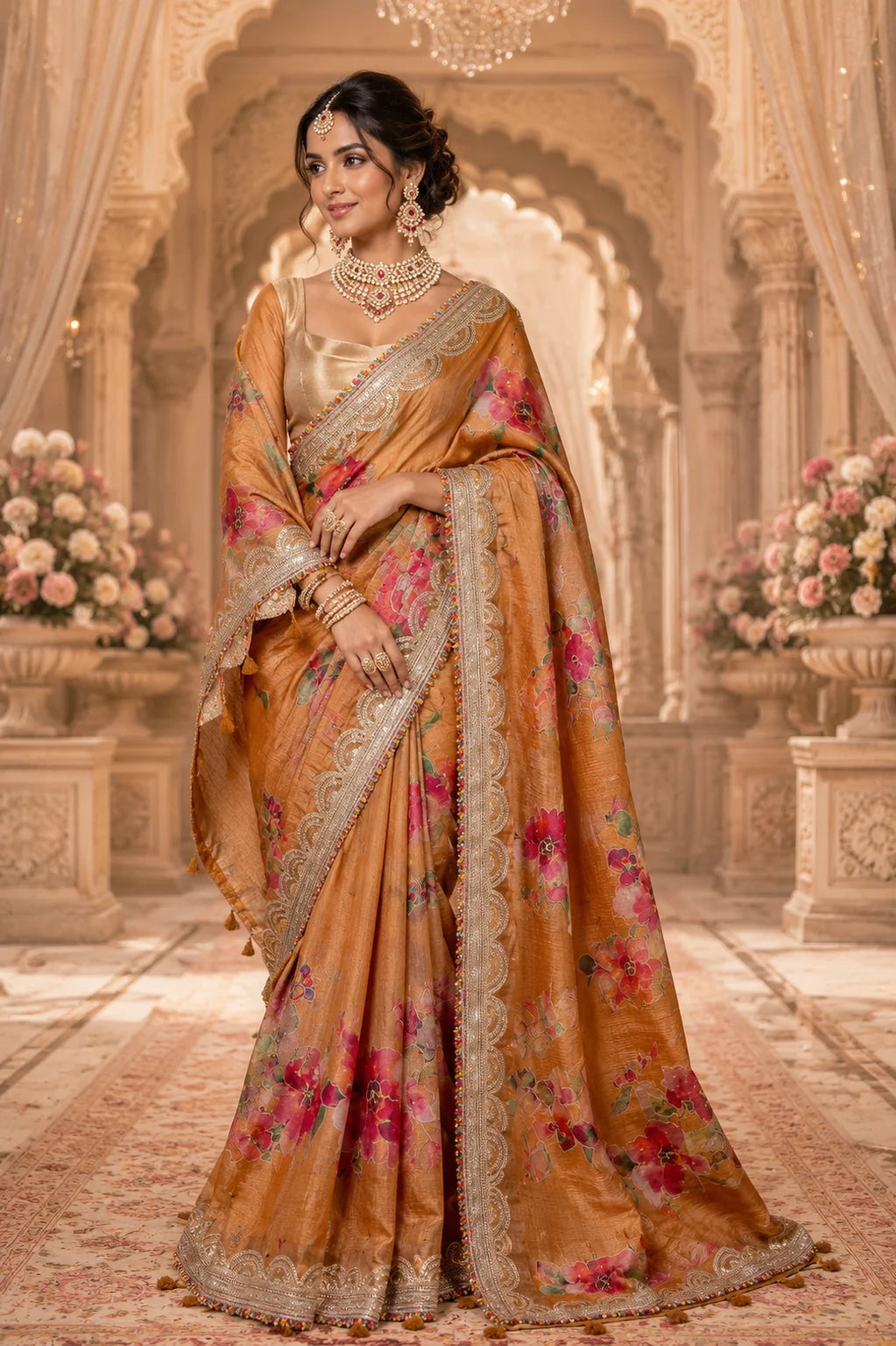 Beige Floral Embellished Tussar Silk Saree
