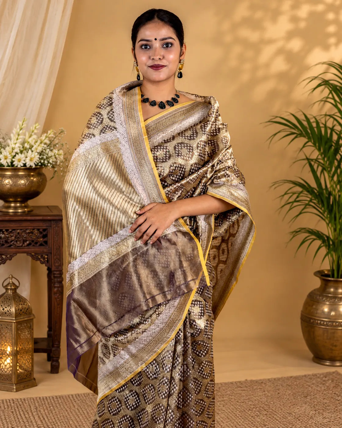 Metallic Grey Woven Tissue Banarasi Silk Saree