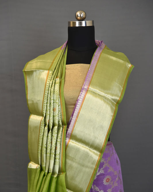 Mauve Silver and Golden Zari Weaving Chanderi Silk Saree