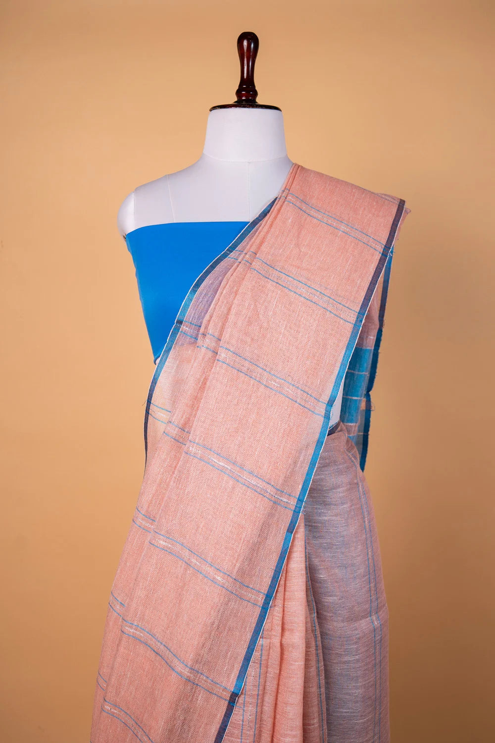 Peach & Blue Stripes Pure Linen Saree