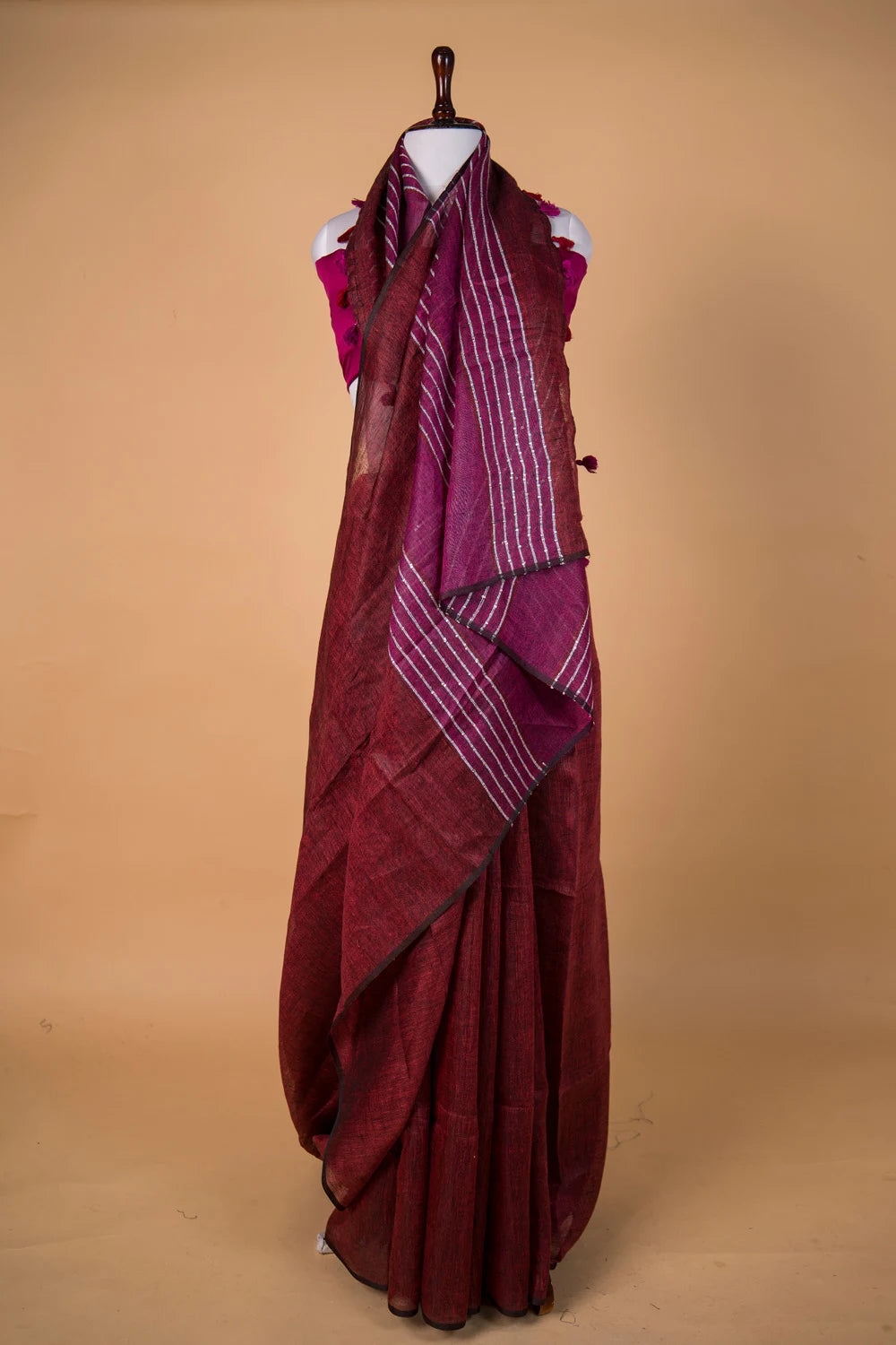 Brick Red Pure Linen Saree
