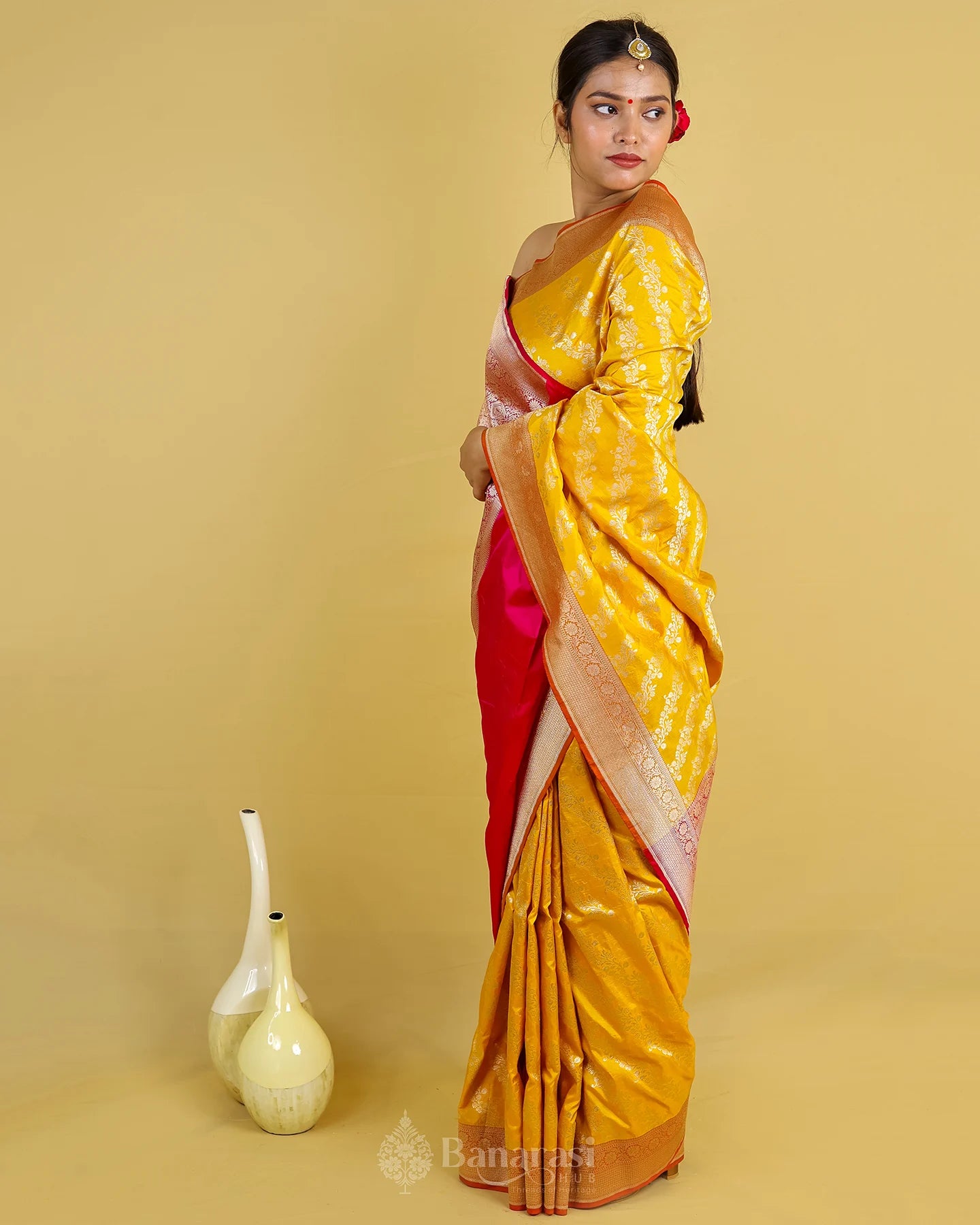 Bright Yellow Ada  Lehariya Katan Banarasi Silk Saree