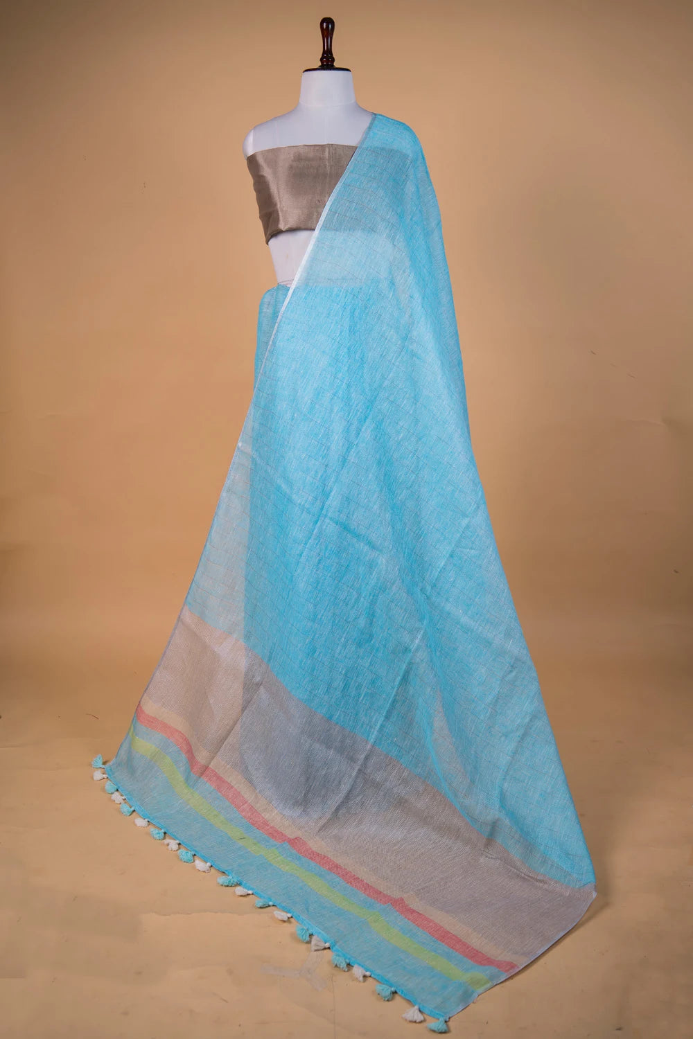 Sky Blue Striped Pure Linen Saree