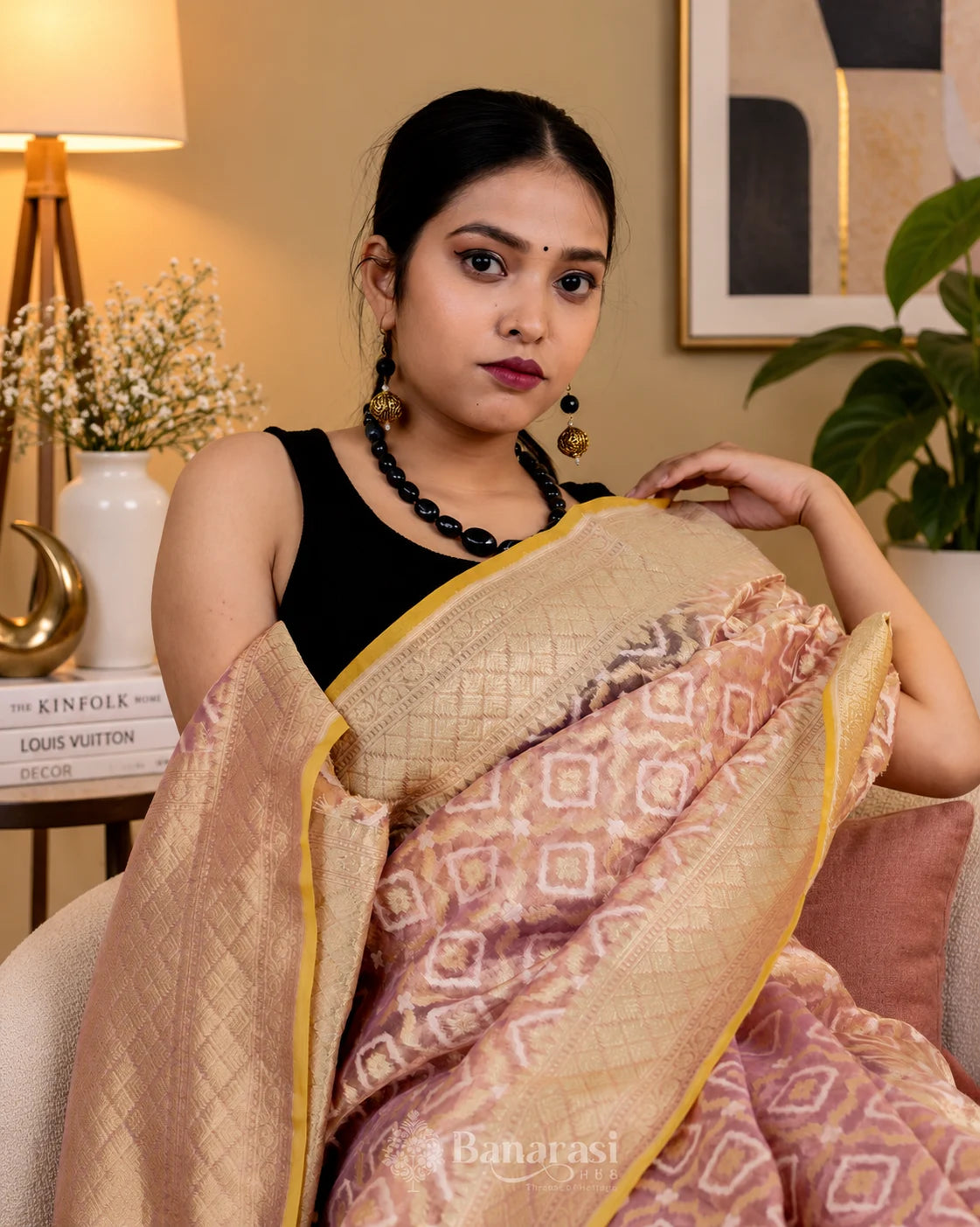 Golden Metallic Pink Tissue Banarasi Silk Saree